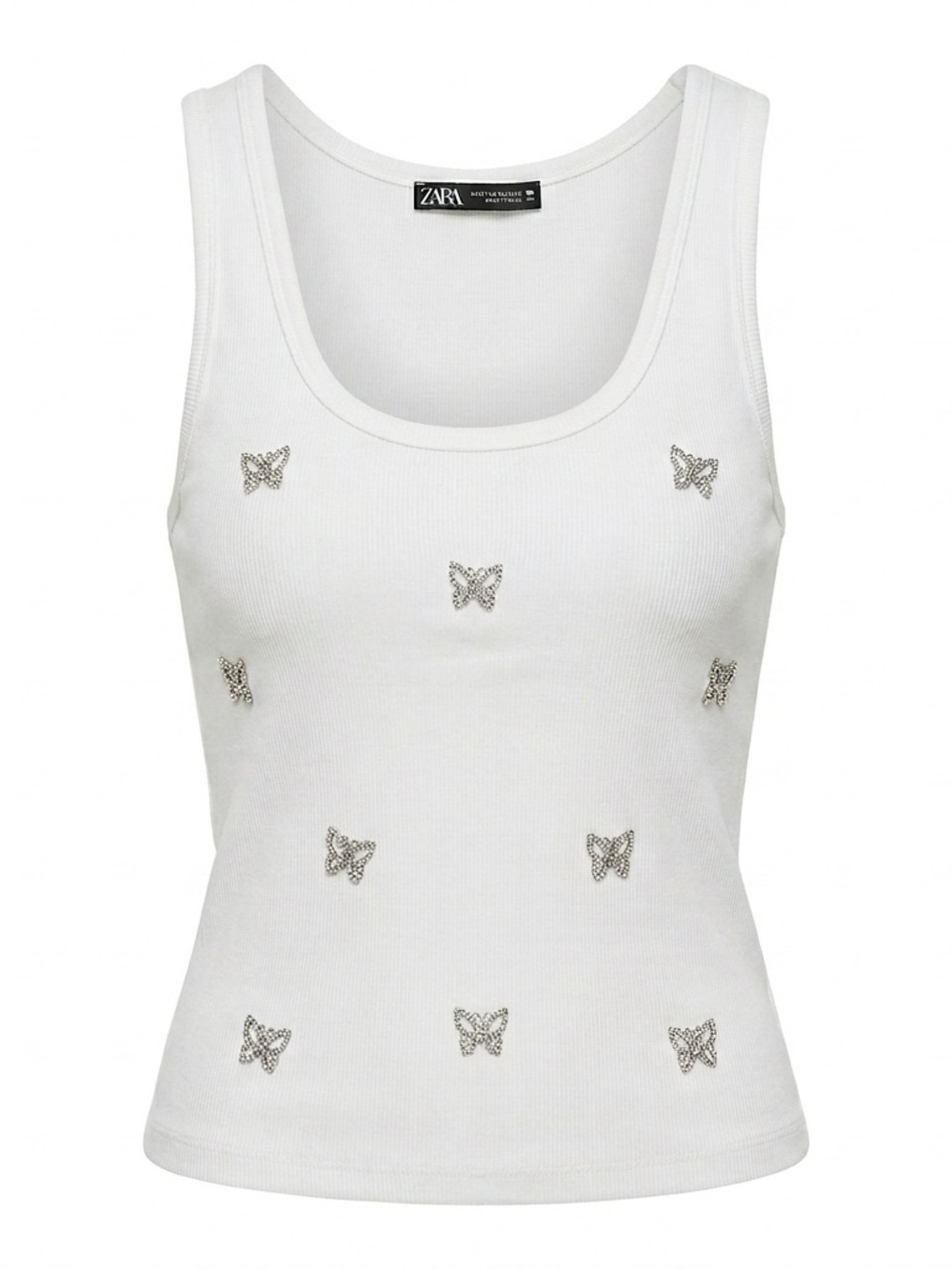 Zara White Ribbed Tank Top with Butterfly Rhinestone Detail - Size M